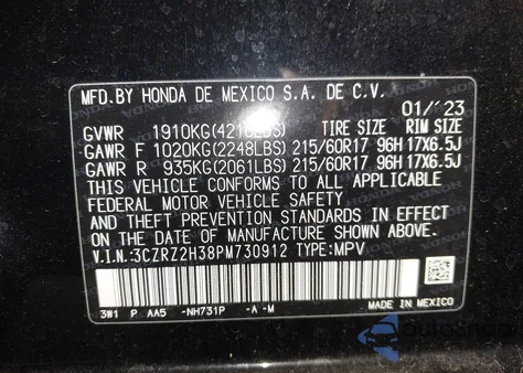 2023 Honda Hr-V Awd Lx из США, поврежденный, VIN 3CZRZ2H38PM730912